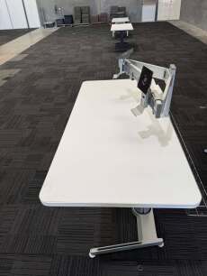 Steelcase Airtouch Pneumatic Height Adjust Sit-Stand Desk with dual Monitor Arms